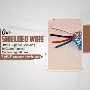 Close-up of shielded wire with text highlighting its electromagnetic and radio frequency interference protection.