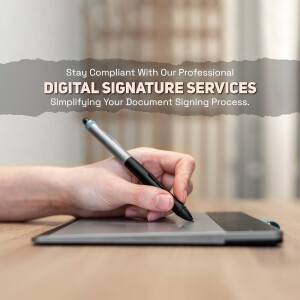 Hand signing a document digitally with a stylus on a tablet