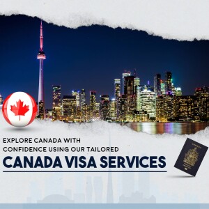 Image of Toronto skyline with Canadian flag and passport, promoting Canada visa services.
