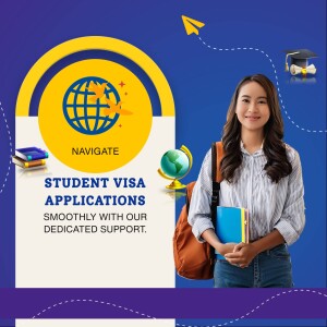 Image of a student with books and a globe, promoting student visa application services.