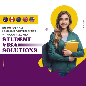 Young woman with flags representing different countries, promoting student visa solutions.