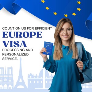 Woman holding a passport with the European Union flag in the background, advertising visa processing services.