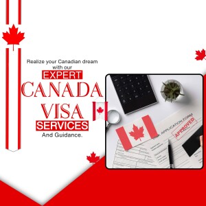 Image depicting Canada visa services with Canadian flags, a laptop, and approved visa documents.