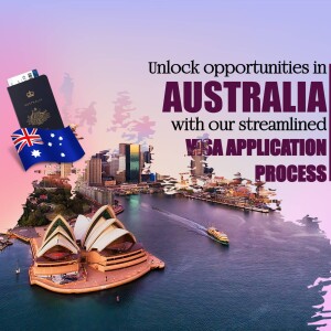 Image depicting Australia visa application with passport, flags, and Sydney Opera House