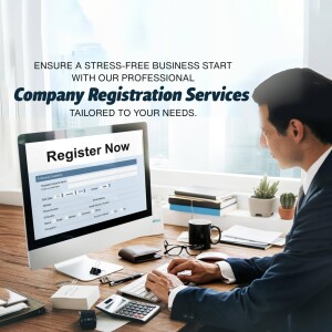 Man registering a company online with laptop and office supplies