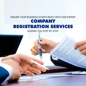 Hands signing company registration documents with a laptop in the background