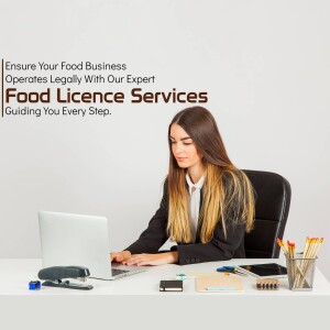 Woman working on laptop with food licence services text overlay