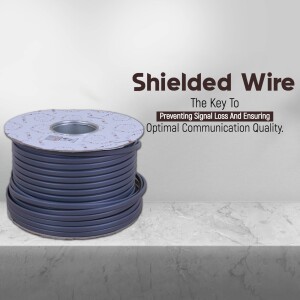 A spool of black shielded wire with text overlay 'Shielded Wire - The Key To Preventing Signal Loss And Ensuring Optimal Communication Quality.'