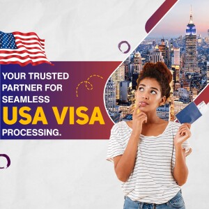 Woman holding a passport with the American flag and New York City skyline in the background, advertising USA visa processing services.