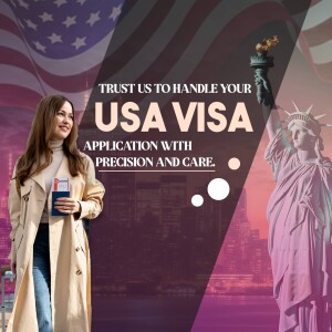 Woman holding a passport with the Statue of Liberty and American flag in the background, advertising USA visa services.