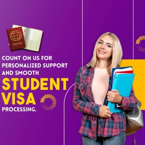 Young woman holding books and a passport, promoting student visa services.