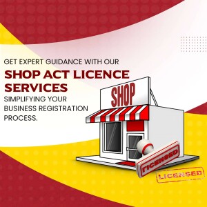 Illustration of a shop with a 'Licensed' stamp, promoting Shop Act Licence services.