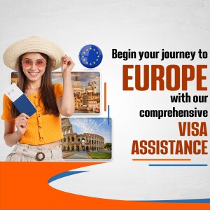 Woman with travel documents and European landmarks promoting visa assistance.