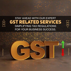 3D rendering of 'GST' text with a golden color scheme and text promoting GST related services.