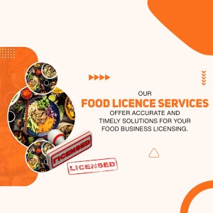 Food Licence Services advertisement with images of various foods and a 'Licensed' stamp.