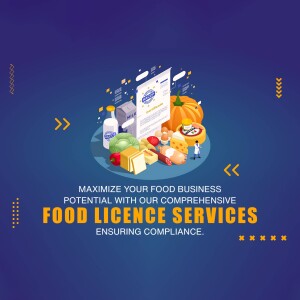 Isometric illustration of food items and a license document promoting food license services.