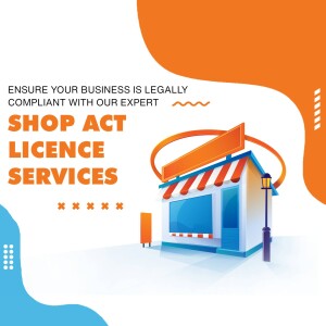 Illustration of a shop with text promoting Shop Act Licence services.