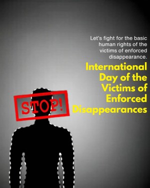Silhouette of a person with a 'STOP!' sign over their face, advocating against enforced disappearances.