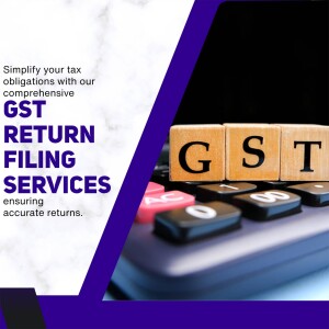 Image depicting GST return filing services with wooden blocks spelling GST and a calculator.