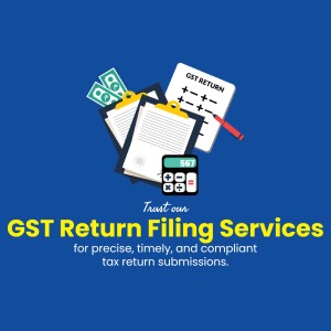 Image depicting GST return filing with documents, calculator, and money.