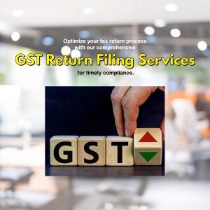 Image depicting GST return filing services with wooden blocks spelling GST and arrows indicating growth.