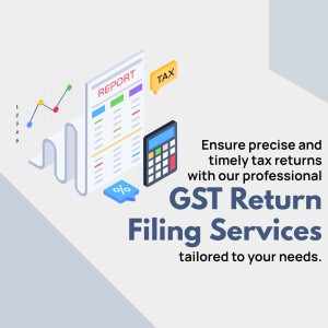 Illustration of tax documents, calculator, and graph representing GST return filing services.