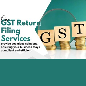 Image depicting GST return filing services with wooden blocks spelling GST and coins.