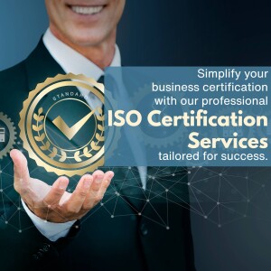 Man presenting an ISO certification badge with a network background.