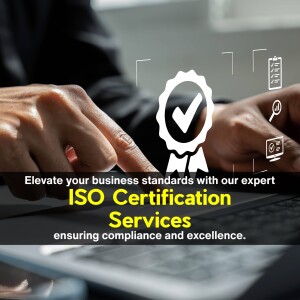 Image depicting hands typing on a laptop with an ISO certification badge, promoting ISO certification services.