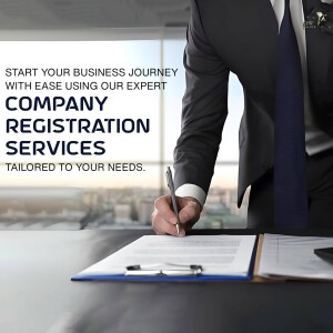 Business professional signing documents with city view, promoting company registration services.