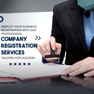 Person stamping a document with text about company registration services.