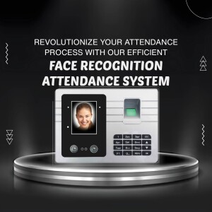 Modern face recognition attendance machine with a person's face displayed on the screen.
