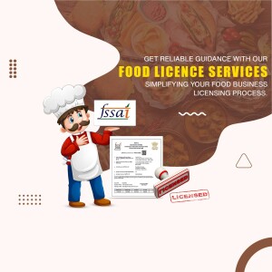 Image depicting food licensing services with a chef and FSSAI logo.