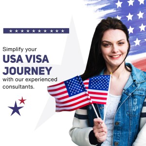 Woman holding US flags with text about USA visa assistance