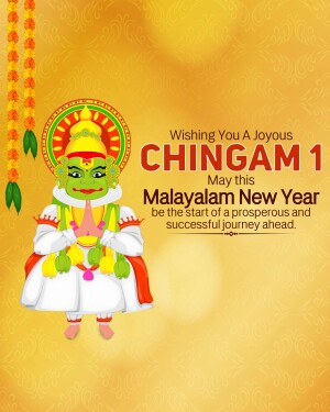 Illustration of a Kathakali performer with text 'Wishing You A Joyous Chingam 1' and 'Malayalam New Year'