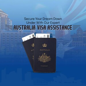 Image of passports with the Australian flag and text promoting visa assistance.