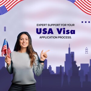 Woman pointing towards USA visa information with American flags and New York skyline in the background.