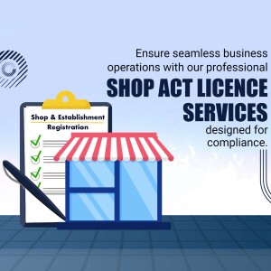 Illustration of a clipboard with shop registration details and a shop front, promoting Shop Act Licence services.