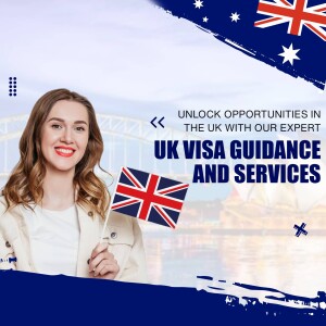 Woman holding a UK flag with the Sydney Opera House and Harbour Bridge in the background, promoting UK visa services.