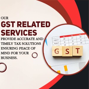 Image depicting GST services with tax forms and wooden block letters spelling GST.