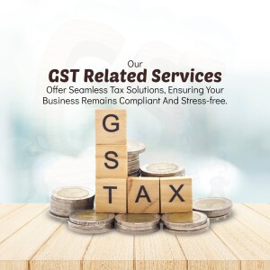 Image depicting GST related services with wooden blocks spelling GST and coins representing tax.