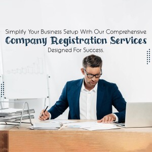 Man working on laptop with documents, promoting company registration services.