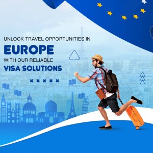 Man running with suitcase in front of European landmarks, promoting visa services.