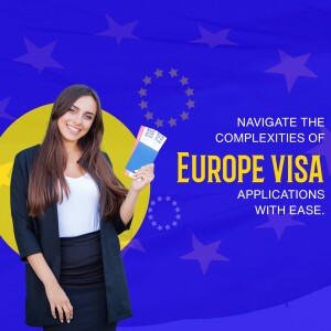 Woman holding passports with a European Union background, promoting visa application services.