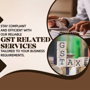 Image depicting GST tax blocks and a person working with financial documents, promoting GST related services.