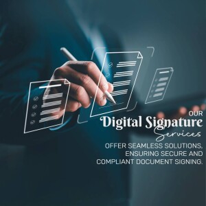 Hand signing a digital document with a pen, showcasing digital signature services.