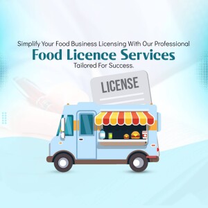 Illustration of a food truck with a license displayed, promoting food licensing services.