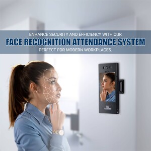 Woman using a face recognition attendance system in a modern office.