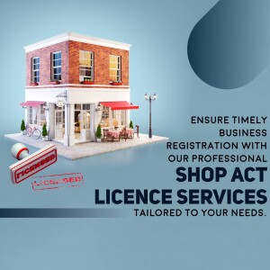 Illustration of a shop building with text promoting Shop Act Licence services.