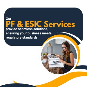 Image showcasing PF & ESIC services with a woman working at a desk.